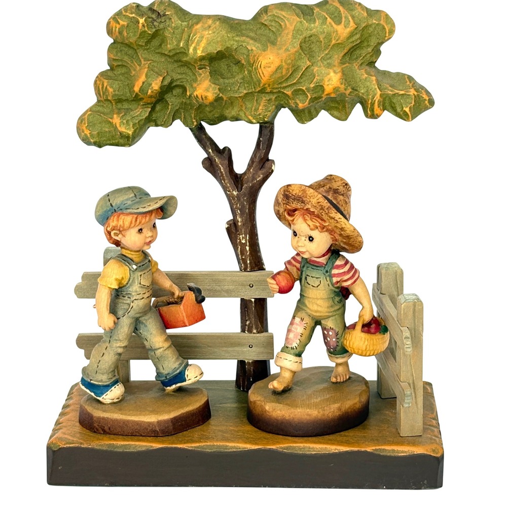 ANRI Sarah Kay Wood Carved Figurines 1985 Valentine Dads Helper Apple of My Eye